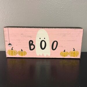 Quill to Paper Halloween Wood Sign Pink Boo Ghost Gold Glitter Pumpkins Exc